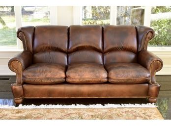 Leathercraft Distressed Brown Leather Sofa With Nailhead Trim 84 X 40 X 36