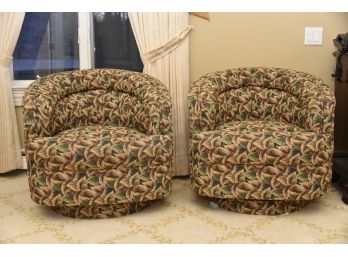 Matching Pair Of Leaf Printed Fabric Swivel Club Chairs