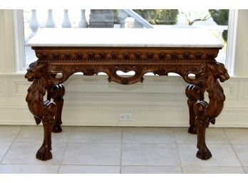 Incredible Mahogany Carved Griffin Clawfoot Table With Marble Top