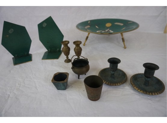 Collection Of Vintage Trinkets Including Brass Candle Holders, Dish, And Bookends