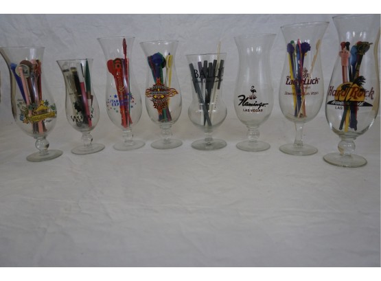 Group Of Las Vegas Glass Goblets Including Drink Stirrers And Pens-1
