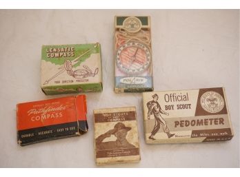 Group Of Vintage Compasses And Pedometer Including Lensatic And Boy Scout