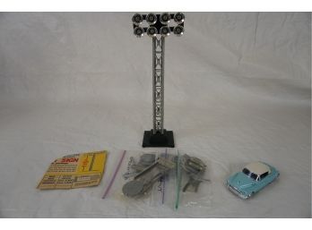 Vintage Model Railroad Light Tower, Model Street Signs And Car