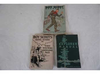 Trio Of Vintage Boy Scouts Books Including Explorer Manuel, Signal Sender, And Handbook