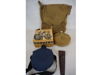 Group Of Vintage Boy Scout Canteens, Cutlery And Back Pack