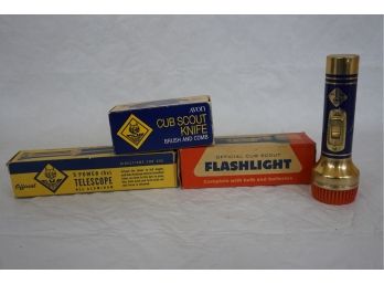 Vintage Cub Scout Tools Including Telescope, Flashlights, And Knife