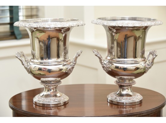 Matching Pair Of Silver Plate Urns With Additional Bases
