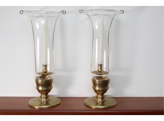 Pair Of Large Brass Footed Hurricane Candle Holders 18.5' Tall