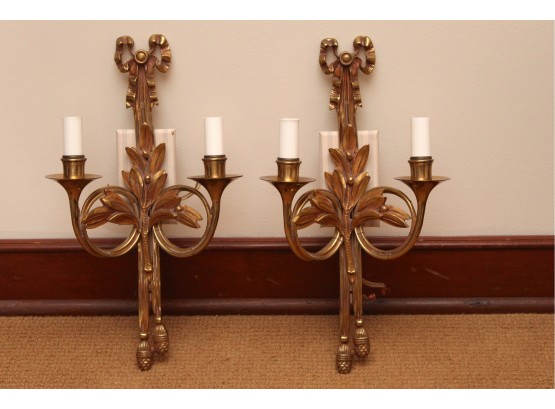 Pair Of Brass Bow Wall Sconces 16' Long
