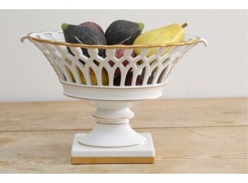 White & Gold Footed Bowl With Faux Fruit