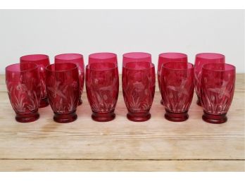 Set Of 12 Lovely Cranberry Colored Etched Bird & Flower Drinking Glasses