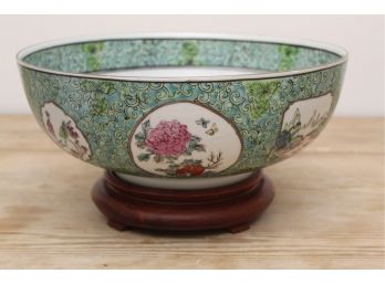 Large Hand Painted Imari Bowl On Wooden Stand