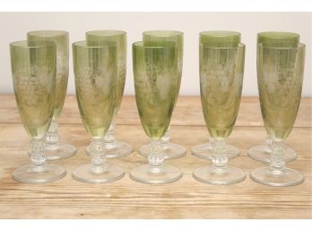 Set Of 12 Vintage Green Cut Glass Champagne Glasses