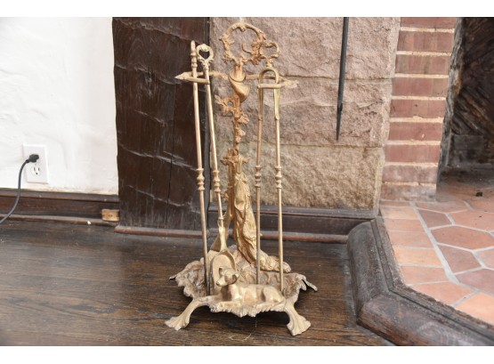 Ornate Brass Footed Fire Place Tool Holder And Tools