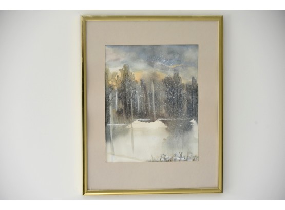 Framed Watercolor 'winter Lake' Painting