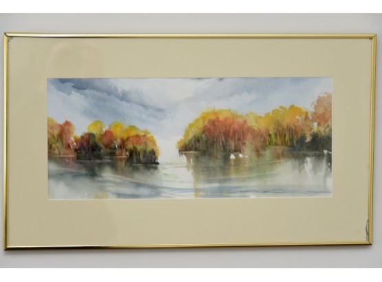 Framed Watercolor On Canvas 'river Forest' Painting
