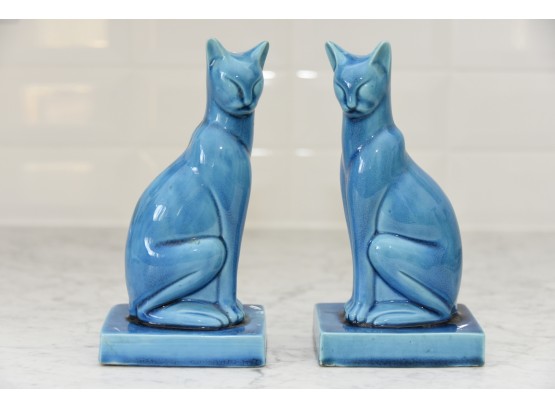 Pair Of Ceramic Chinese Stamped Blue Siamese Cat Figurines