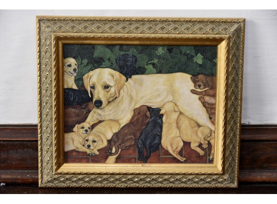 Vintage Oil On Board 'nursing Mother Dog' Painting