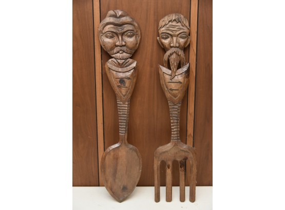 Giant Carved Figural Wooden Spoon & Fork Wall Hangings