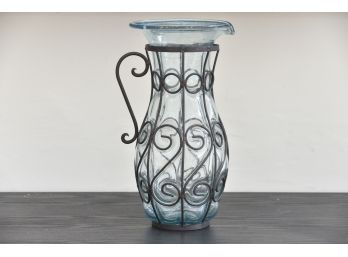 Large Metal And Glass Blue Vase