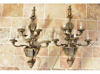 Pair Of Gorgeous Large Brass Lighted Wall Sconce (Heavy!)