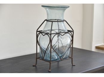 Blue Vase In Ornate Metal Stand