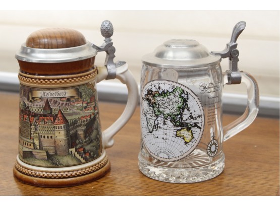 Pair Of Lidded Steins Including Wooden Top & Glass Body