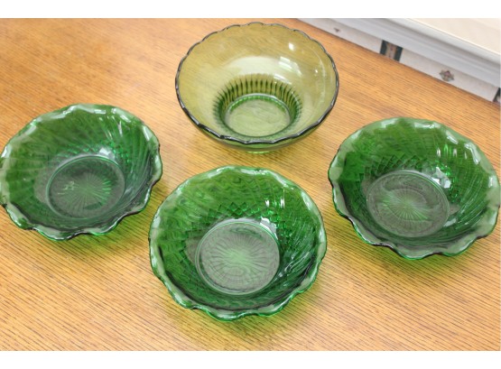Set Of Colored Green Glass Bowls