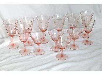 Set Of Pink Etched Floral Wine Glasses