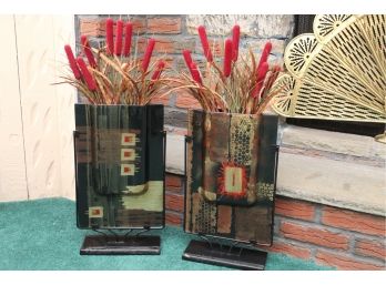 Pair Of Rectangular Vases With Faux Flowers