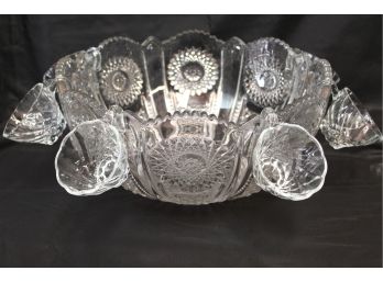 Vintage Cut Glass Punch Bowl With 6 Cups