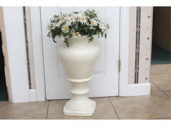 Large Ceramic Footed Planter With Faux Daisys