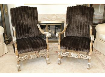 Funky And Fun Matching Pair Of Fur Covered Carved Wood Side Chairs
