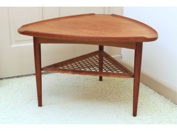 Paul Jensen For Selig Walnut And Woven Rattan Guitar Pick Table  MCM 1960s