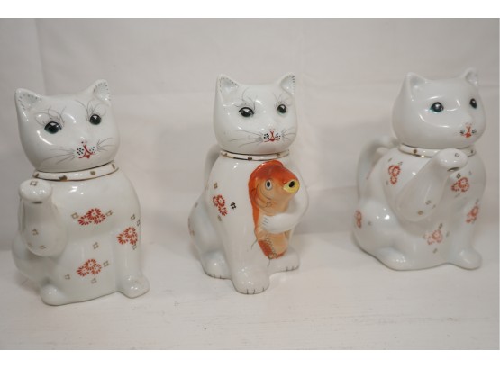 Trio Of Porcelain Cat Teapots