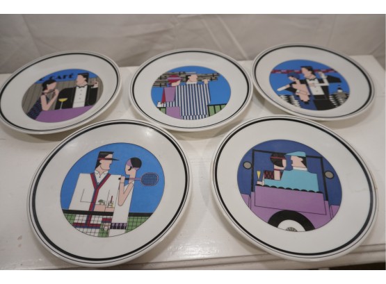 Set Of 5 Painted Philippe Deshoulieres Porcelanines Lourioux Plates