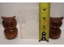 Trio Of Owl Trinkets Including Wooden Salt And Pepper Shaker
