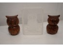 Trio Of Owl Trinkets Including Wooden Salt And Pepper Shaker