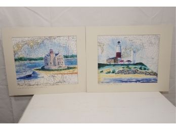 Pair Of Print Long Island Light Houses On Maps Signed And Numbered By Artist