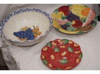 Trio Of Ornate Serving Dishes Including Plates And Bowl