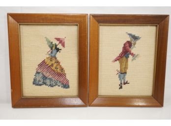 Pair Of Framed Victorian Era Man And Women Embroideries