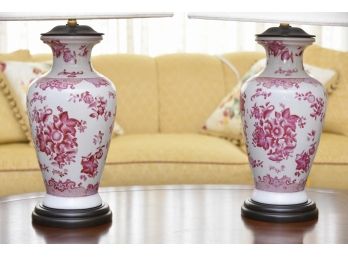 2 Winterthur Hand Painted Porcelain Lamps With Wood Base