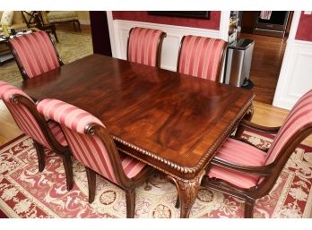 Drexel Ornate Carved Wood Flame Dining Room Table With Inlaid Border 2 Leaves And 6 Chairs