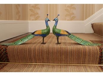 An Antique Pair Of Chinese Feng Shui Bronze Cloisonne Gilt Enamel Peacock Statues