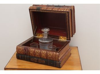An Antique Stack Of Books Hidden Bar With Glasses And Decanter