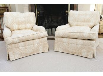 A Matching Pair Of Custom Upholstered Damask Fabric Side Chairs