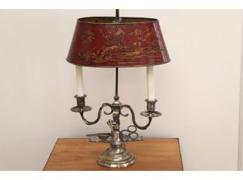 An Antique Silver-Plate Electrified Candelabra Lamp With Custom Shade