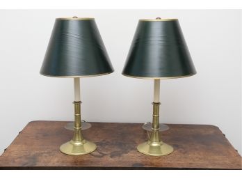 A Pair Of Brass Tole Shade Lamps