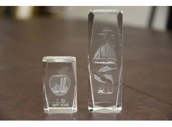 Pair Of Laser Etched Paperweights Including 'Dolphins' And 'I Love New York'