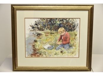 Oil On Paper Painting 'childhood Fishing: Signed By Eric Wale